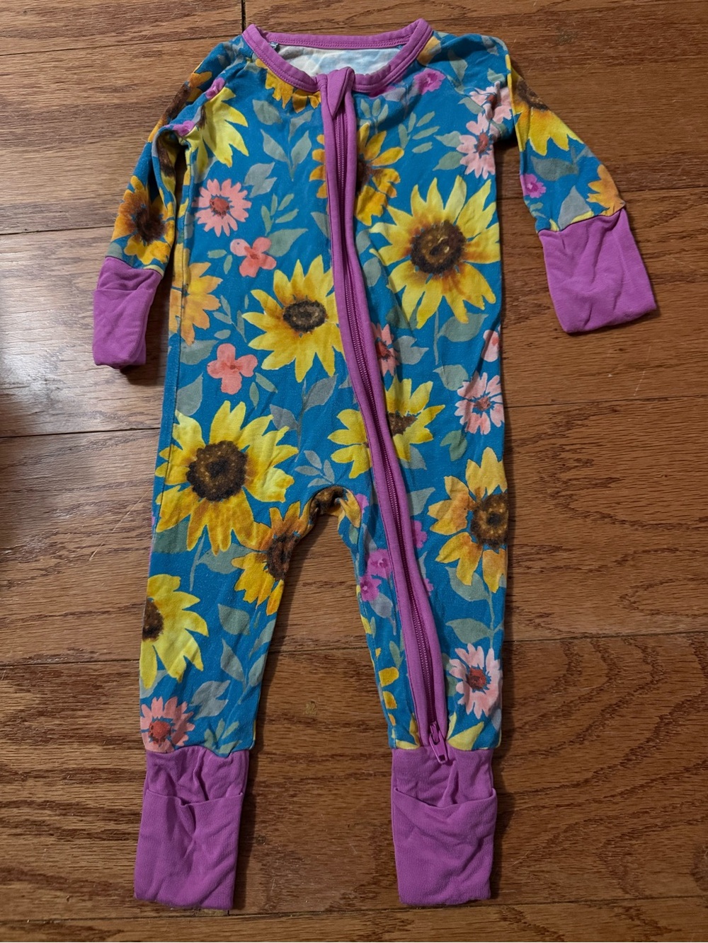 Little Sleepies Teal Sunflower One-Piece with Purple Trim